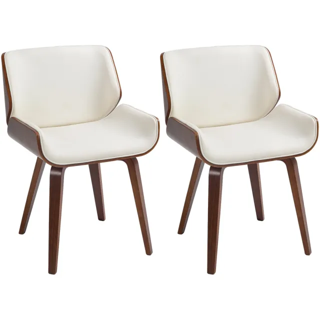 Lunpog Set van 2 eetkamerstoelen, vintage stijl, houten poten, wit en bruin | Designstoel, zitting met synthetische coating, 54 x 53 x 81 cm Blanc
