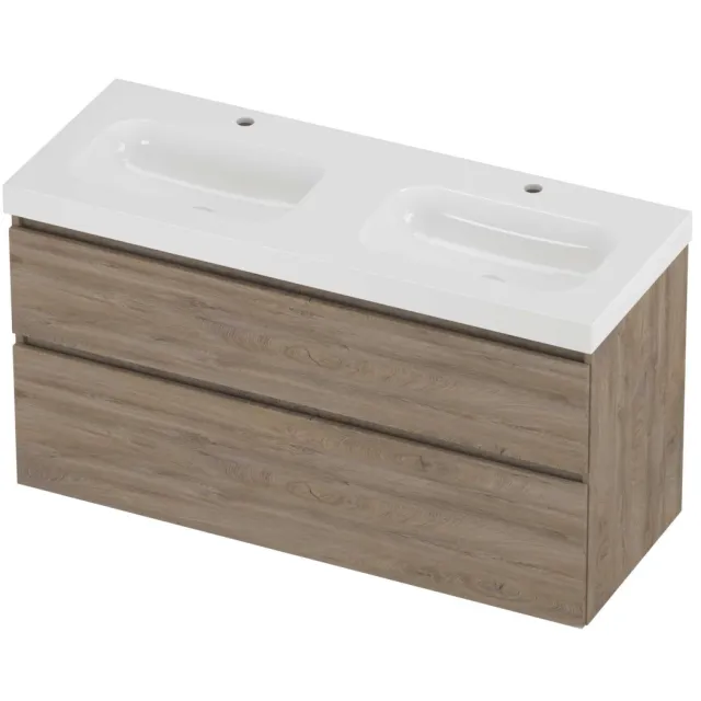 Proline Haga Badmeubelset Polystone Mezza 2 Gaten 120x46x66 cm Glans Wit Raw Oak Eiken