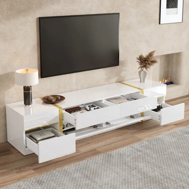 Merax Luxe tv-meubel - tv-kast - hoogglans oppervlak - gouden randen - met lades en deuren - moderne stijl - veel opbergruimte - wit