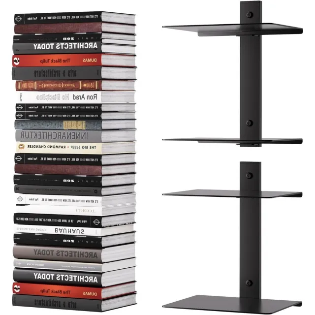 Cosensi Zwevende boekenplank voor aan de muur, verticale boektoren, 4-laags, zwart, set van 2 Any