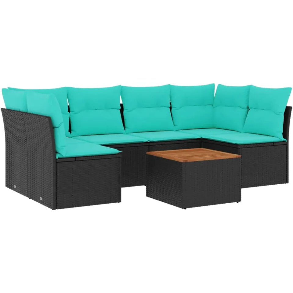 vidaXL 7-delige Loungeset met kussens poly rattan zwart, foto 3