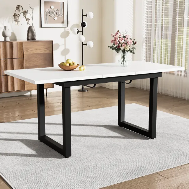 COVREO Eettafel 140-180x80x75 cm - wit en zwart, MDF blad, metalen frame, uitschuifbaar