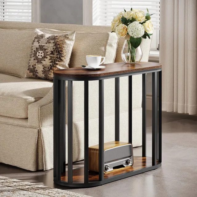 Questyr Smalle Bijzettafel met Opbergruimte – Industrieel – 2‑Laags – Zwart Metaal & Houtlook – Compact Nachtkastje / Banktafel zwart / donker bruin