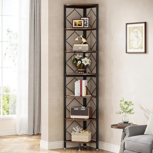 Tribesigns Boekenkast - Hoekplank met 7 planken - Voor woonkamer, slaapkamer - 35 x 35 x 200 cm - Industrieel ontwerp - Vintage Bruin