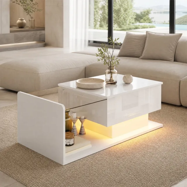 Maisentiel Salontafel 100 x 50 cm verstelbaar met glasplaat, ledverlichting en opbergruimte Wit