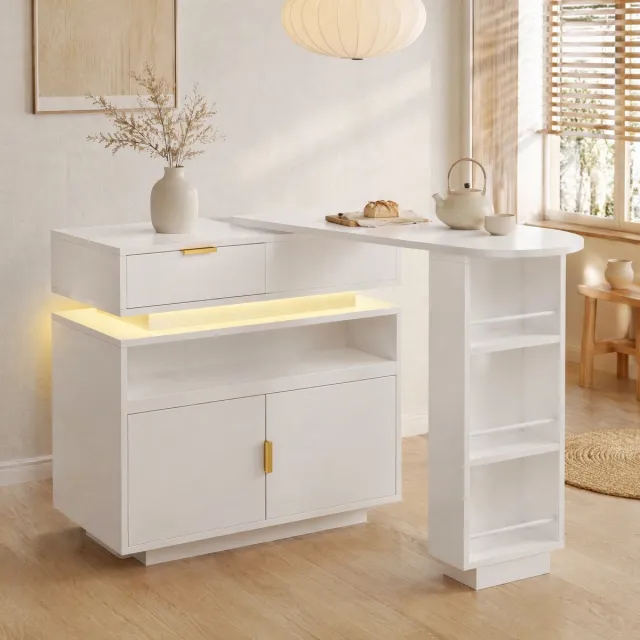 DESMIU Bartafel - Uitschuifbare Keukeneiland Tafel Met Opbergruimte En Led - Voor Keuken En Eetkamer - MDF - 115-183x40x99,5 Cm - Wit