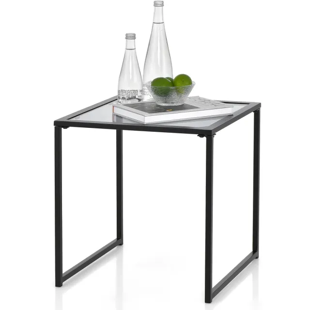 Costway Bijzettafel, kleine tuintafel, balkontafel met tafelblad van gehard glas, koffietafel voor woonkamer, tuin, balkon, terras, 43 x 43 x 45 cm Zwart