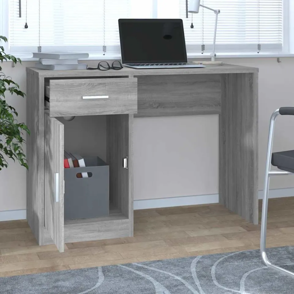 vidaXL Bureau met kast en lade 100x40x73 cm bewerkt hout grijs sonoma, foto 3