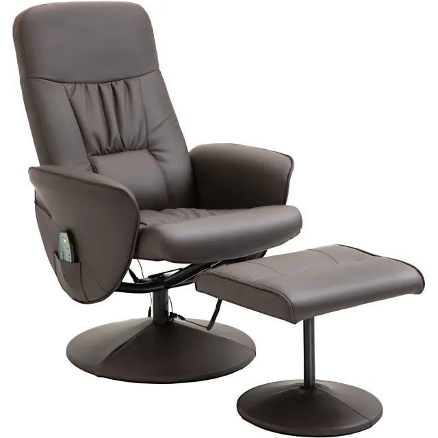 Merax Draaibaar Relaxfauteuil met Massage en Ligfunctie – Bruin Kunstleer - Relaxstoel met Hocker