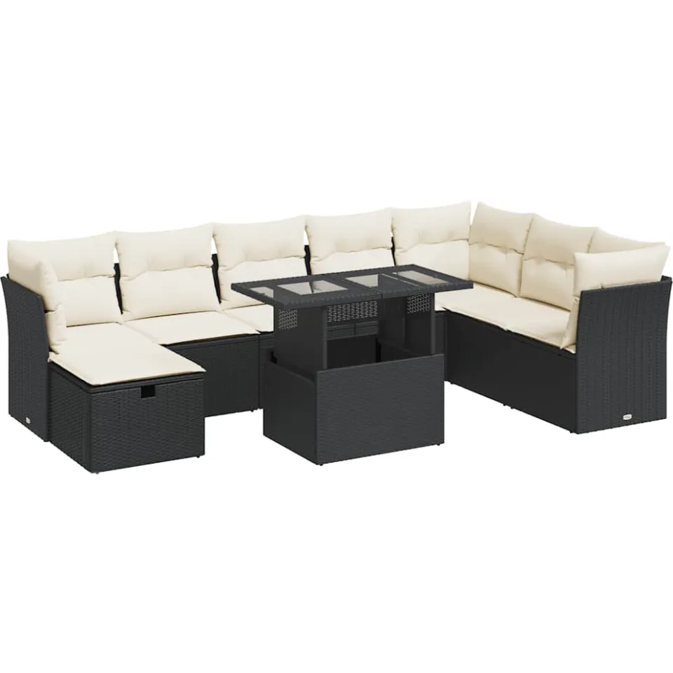 vidaXL 9-delige Loungeset met kussens poly rattan zwart, foto 3