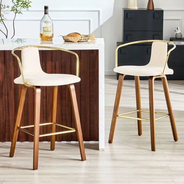 OKWISH Barkruk - Set Van 2 Met Armleuningen En Rugleuning - Scandinavisch Voor Keukeneiland En Bar - Hout En Stof - Wit