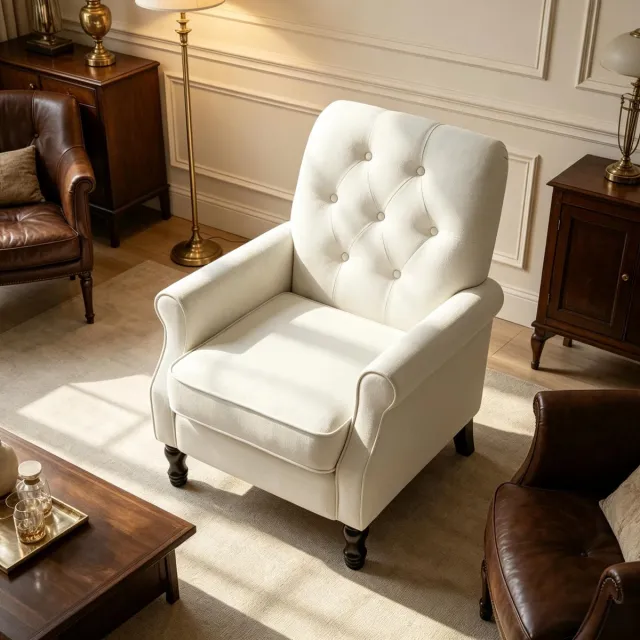HAUSS SPOLE Fauteuil 1-Zits Met Hoge Rugleuning En Armleuningen - Gecapitonneerd Design Met Houten Poten - Voor Woonkamer En Leeshoek - Stof Crème Cream