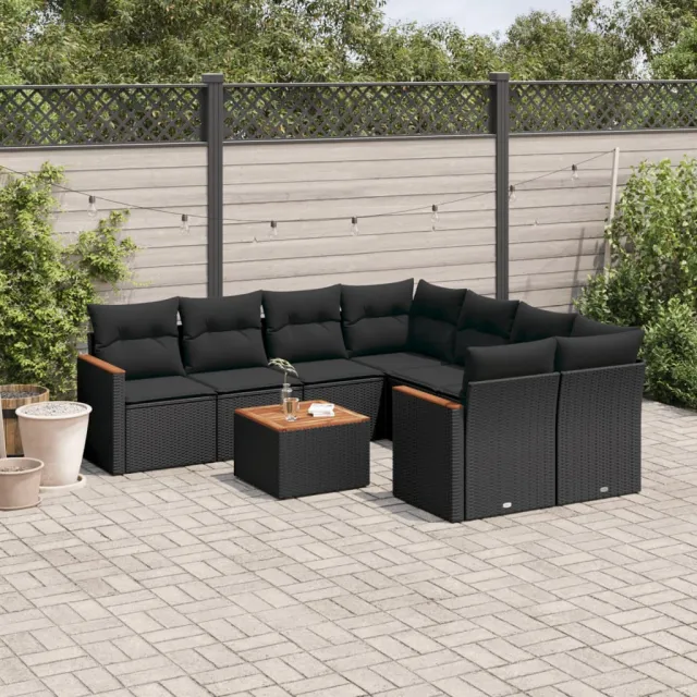 vidaXL 9-delige Loungeset met kussens poly rattan zwart, foto 2