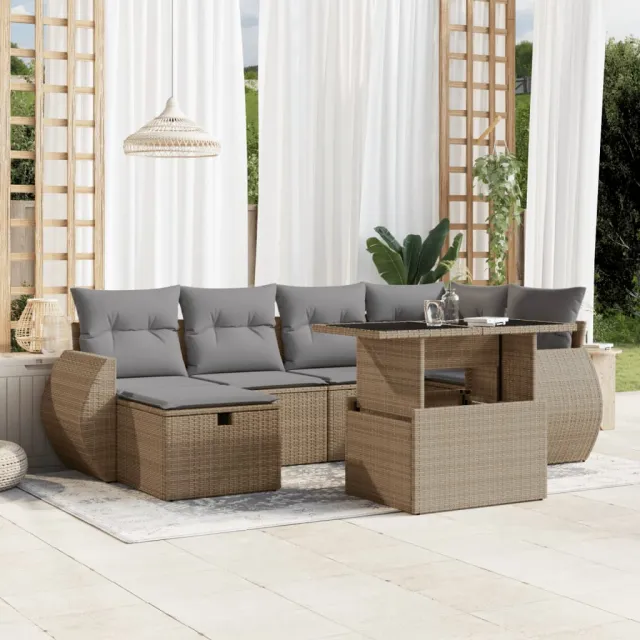vidaXL 7-delige Loungeset met kussens poly rattan beige, foto 2
