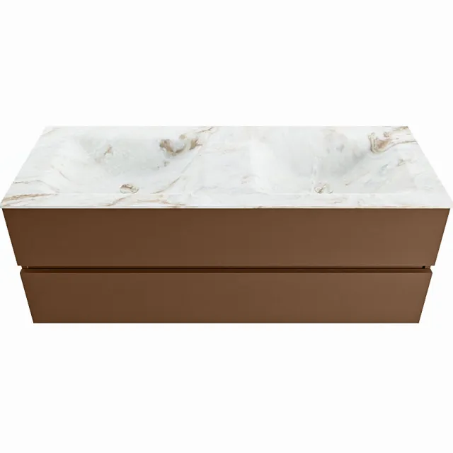 Mondiaz VICA-DLUX 130cm badmeubel onderkast Rust 2 lades. Inbouw wastafel CLOUD dubbel 2 kraangaten, kleur Frappe.