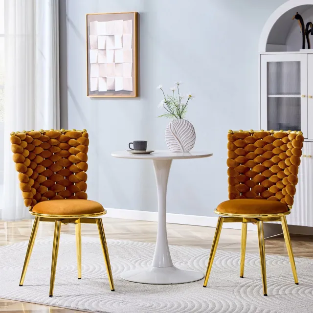 DESMIU Eetkamerstoel Set Van 2 - Modern Luxe - Geweven Rugleuning En Gewatteerde Zitting - Voor Eetkamer En Woonkamer - Metaal - Oranje Goud Gold