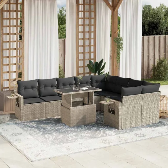vidaXL 10-delige Loungeset met kussens poly rattan lichtgrijs grijs, foto 2
