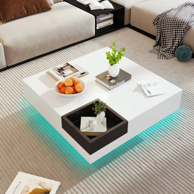 Welltin Salontafel - Sofa tafel - bijzettafel met opbergruimte - Woonkamer tafel - LED Verlichting - 72x72x30 cm - Noordse stijl - Wit