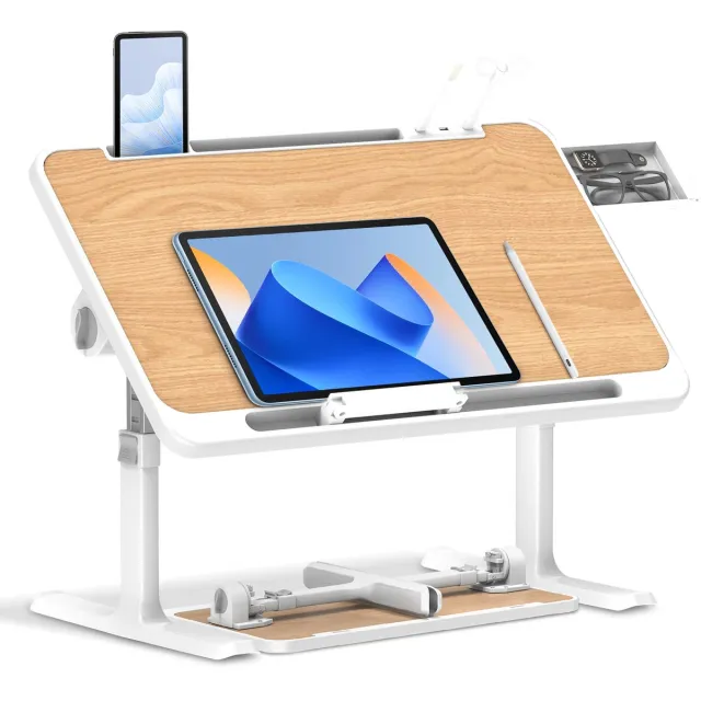 Arvioo Bedbureau-Walnoot-verstelbaar hoogte-opvouwbaar-met lade, lamp en ventilator
