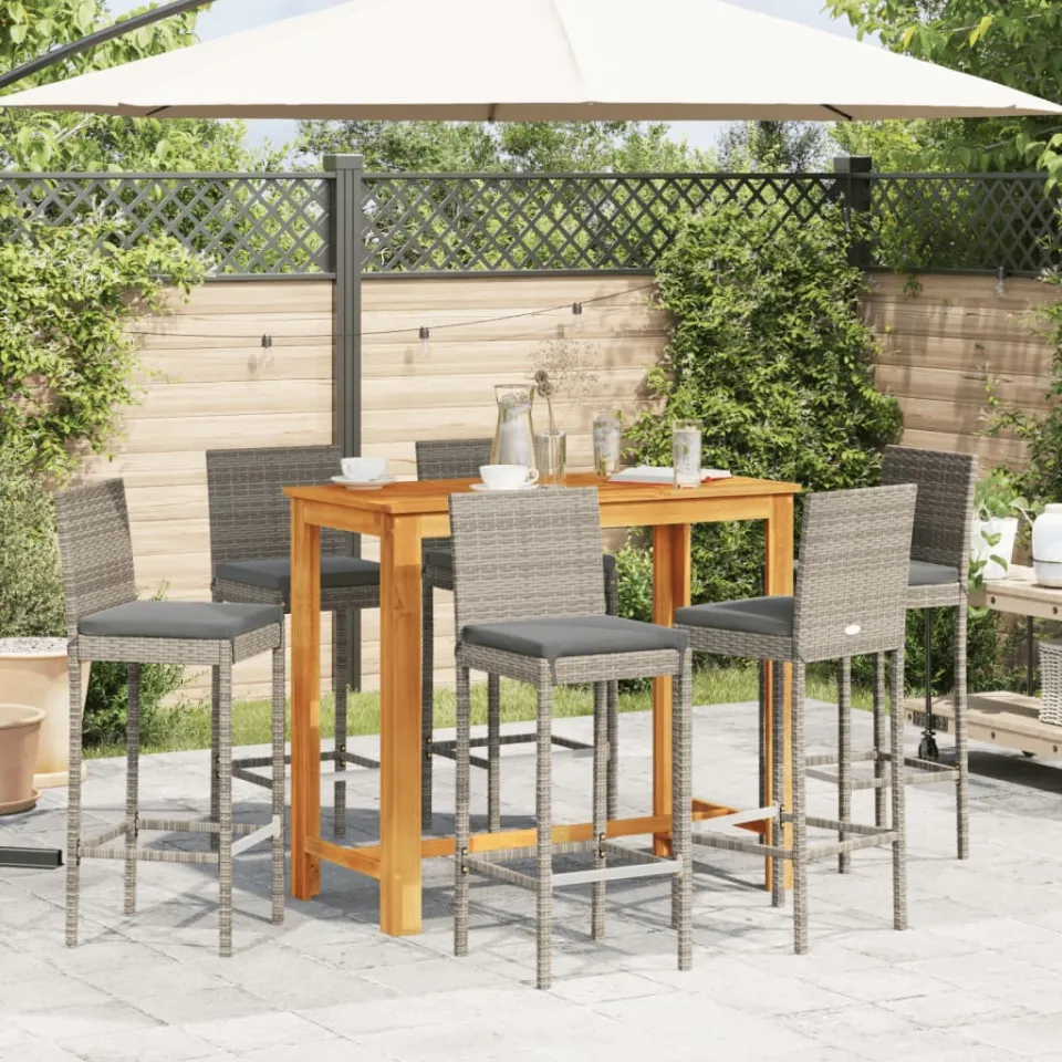 vidaXL 7-delige Tuinbarset massief acaciahout en poly rattan grijs, foto 3