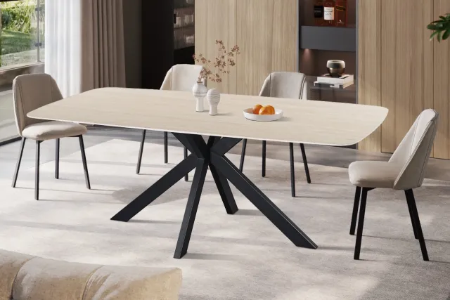 Rousseau Apollo Eettafel – 200 x 100 cm – Deens Ovaal – Glanzend Grijs Stenen Blad met Travertinlook – Zwarte Matrixpoot