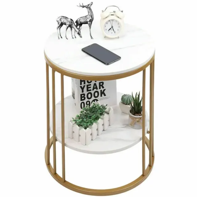 Klarven Bijzettafel Marmerlook - Bijzettafel Bank - Bijzettafel Rond - 2 Etages, Praktische Opbergruimte - Stijlvol Design - Rond ø39,9xh54cm Wit