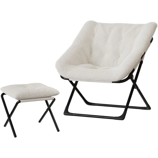 Happiq Loungestoel met Voetenbank - Opvouwbaar Oversized design - voor woonkamer en slaapkamer - Beige Kunstleer - Koffiebruin