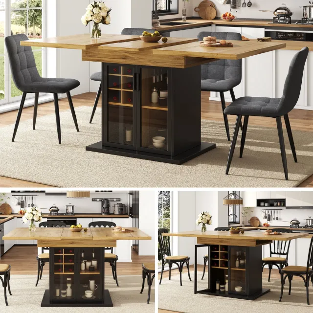Clruro Eettafel - 110-140 x 80 x 76 cm - Uitschuifbaar - Wijnrek met Glasdeur - MDF - Bruin Zwart