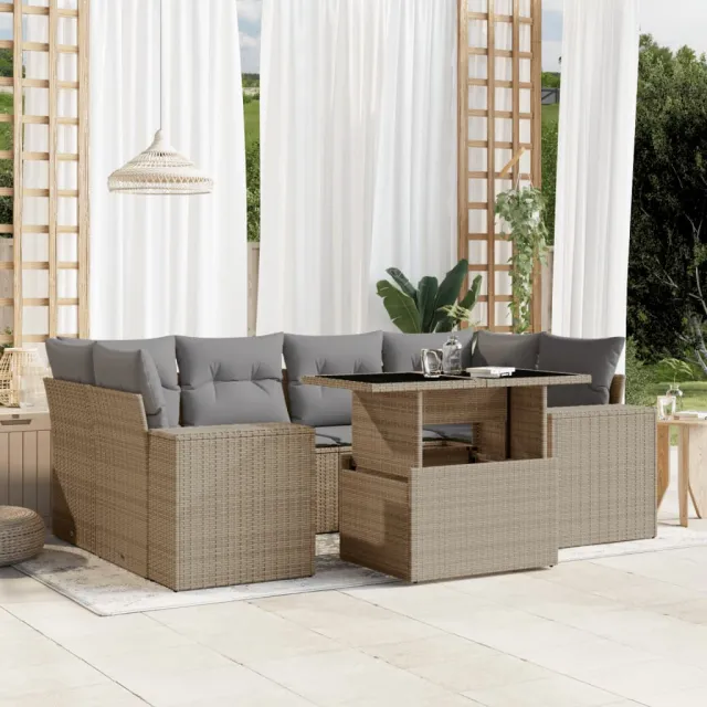 vidaXL 7-delige Loungeset met kussens poly rattan beige, foto 2