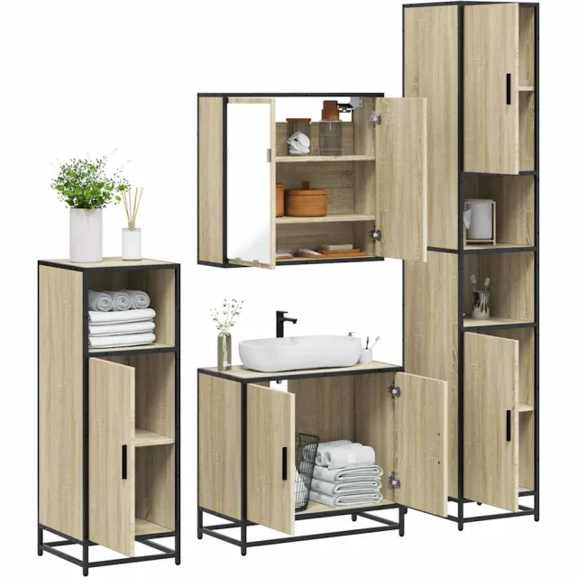 vidaXL 4-delige Badkamermeubelset bewerkt hout sonoma eikenkleurig Bruin