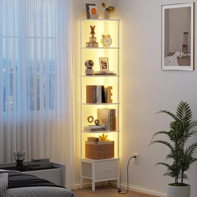 S-S Hoekplank Met 6 Niveaus En LED Verlichting - Witte Ruimtebesparende Hoekboekenkast Met Lade - APP Bedienbare LED Wandplank Voor Boeken, Decoratie En Presentatie - Smalle Opbergkast 27 × 37 cm
