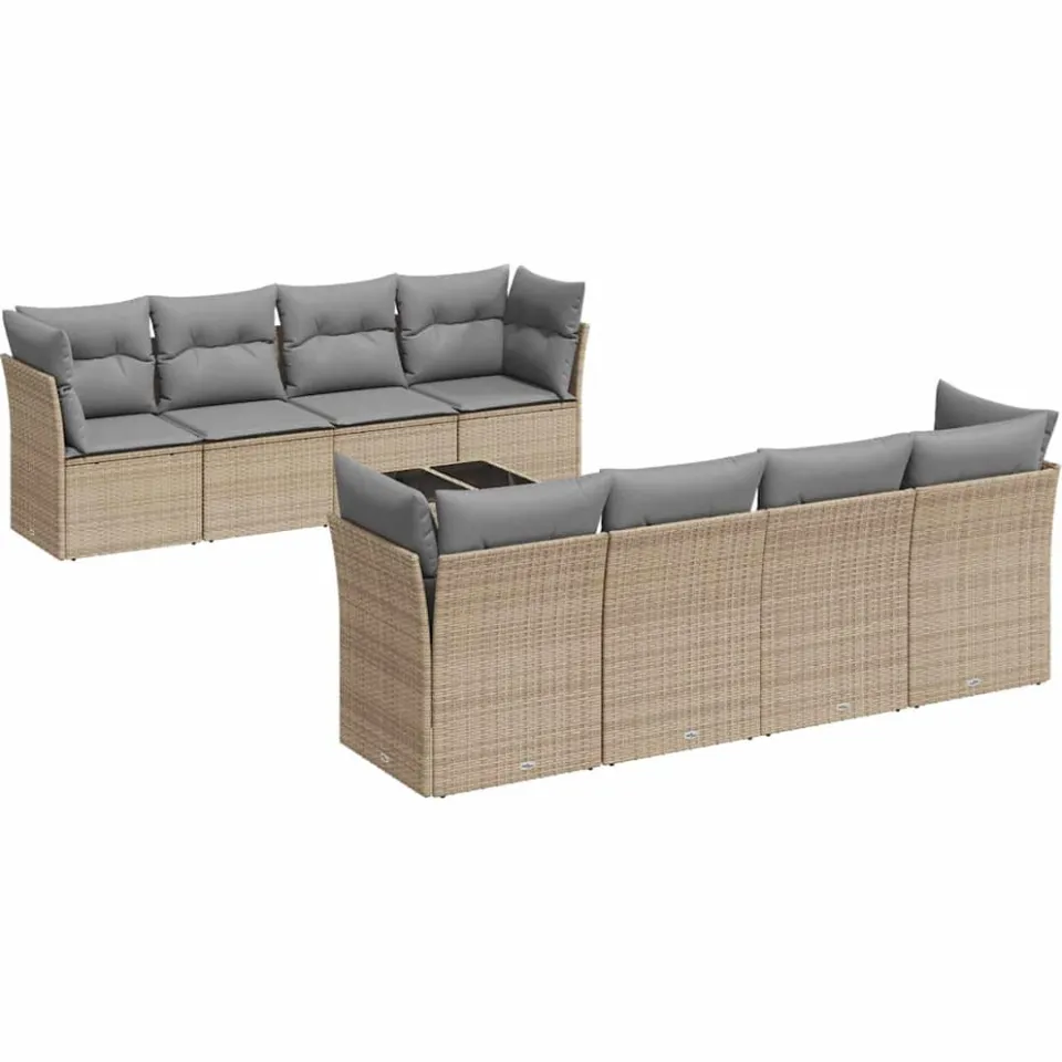 vidaXL 9-delige Loungeset met kussens poly rattan beige