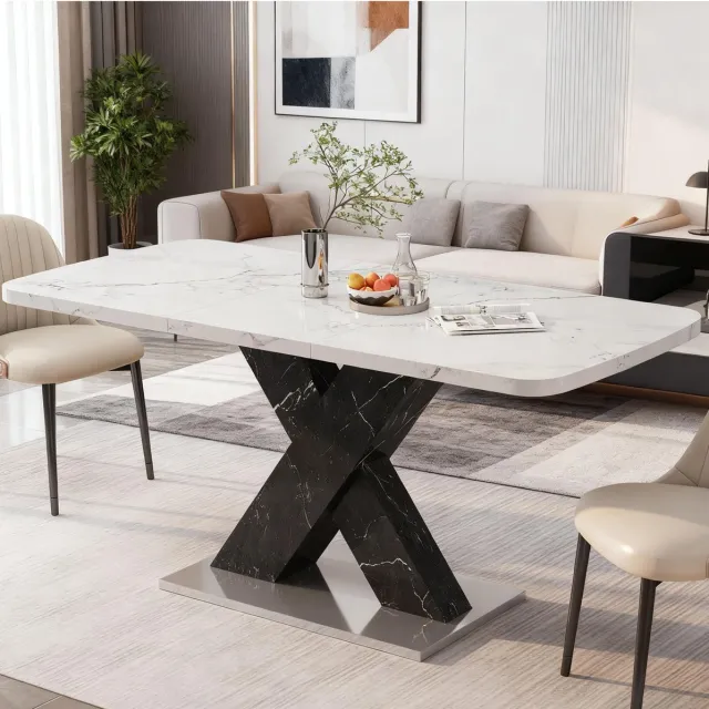 MEUNIQ Uitrekbare rechthoekige eettafel 120-160 x 80 cm met wit marmerlook MDF-blad, zwarte X-poot en metalen basis voor eetkamer