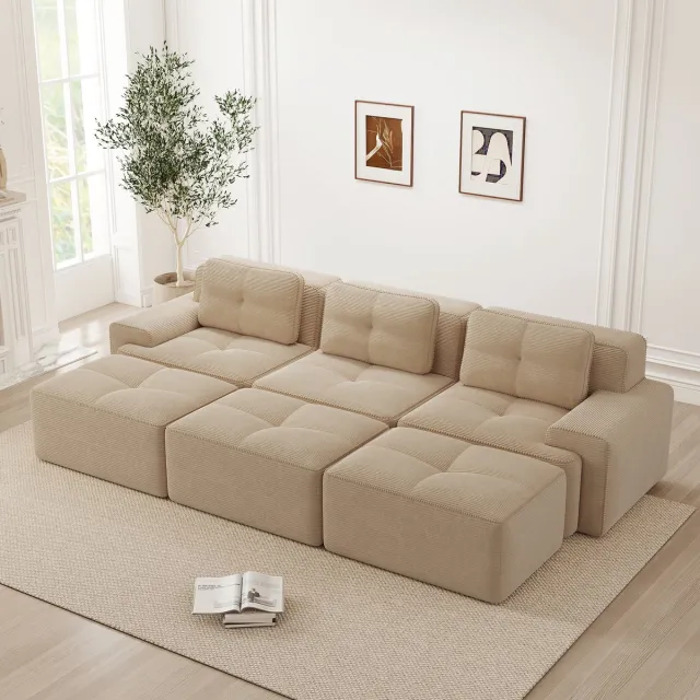 OKWISH Hoekbank 3-Zits - Modulair Met Slaapfunctie En 3 Hockers - Voor Woonkamer - Corduroy - Beige