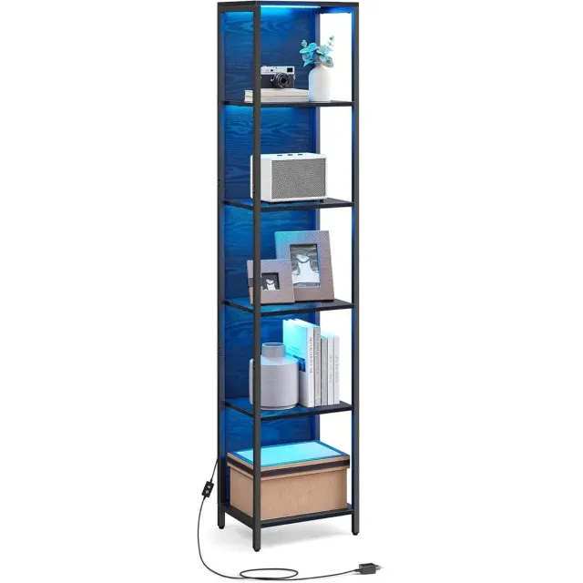 FurnStar Boekenkast met 6 niveaus - Staand rek met verstelbare ledverlichting - Rek met stalen frame - 30,3 x 40 x 178,6 cm - Voor woonkamer Slaapkamer Werkkamer - Ebbenzwart - LLS121B57 EbenhoutZwart