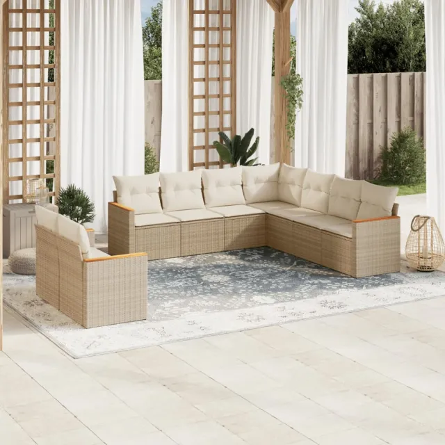 vidaXL 9-delige Loungeset met kussens poly rattan beige, foto 2