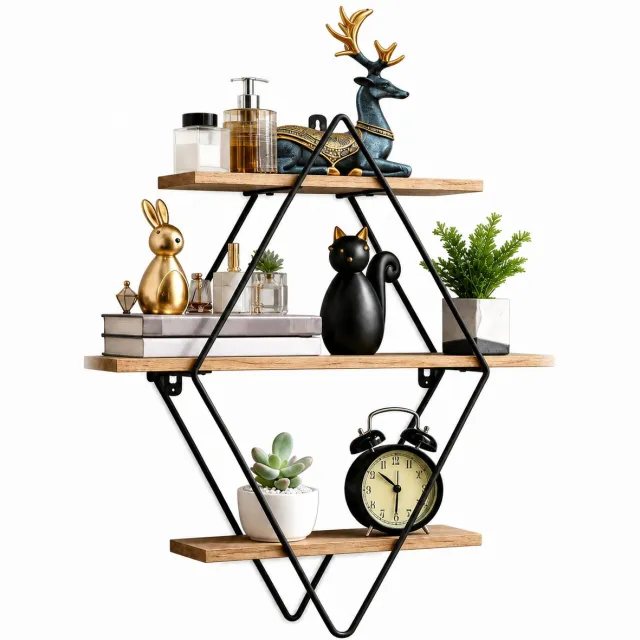 MOLHAUS Wanddecoratie met 3 Niveaus – Boekenplank – Metaal met Houtlook - Decoratie voor Woonkamer en Slaapkamer - Wandplank