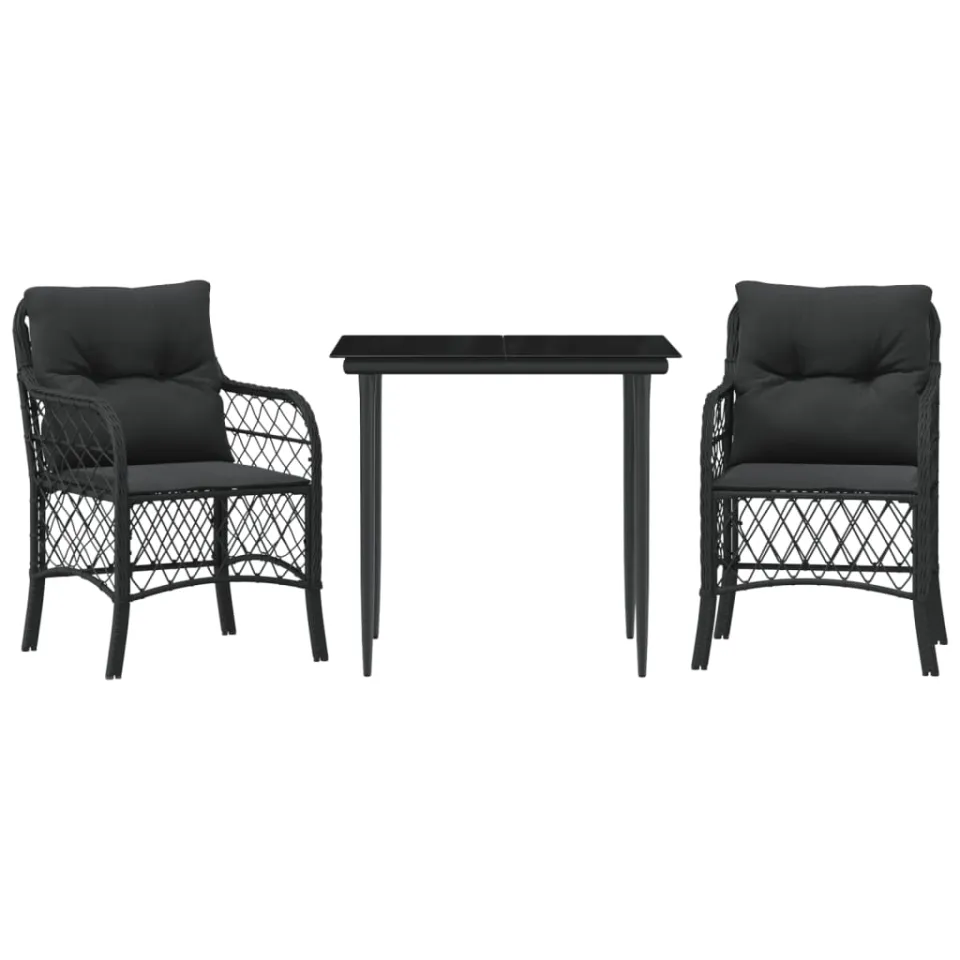vidaXL 3-delige Bistroset met kussens poly rattan zwart, foto 3