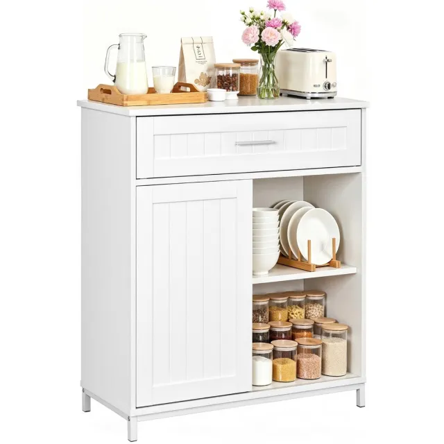 RosaBloom Keukenbuffet - Eetkamerkast - Dressoir - Met Schuifdeur en Lade - Verstelbare Planken - 70x30x80.5cm - Wit MDF & Metaal - Wit