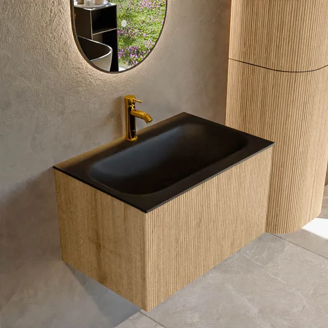 Mondiaz KURVE 70 cm Onderkast Greeploos 1 Lade Zonder Deuren Oak, Wastafel Solid Surface Volledig Urban 1 Kraangat Zonder Spiegel (KRVBGS701L0D1KM-Oak/Urb)