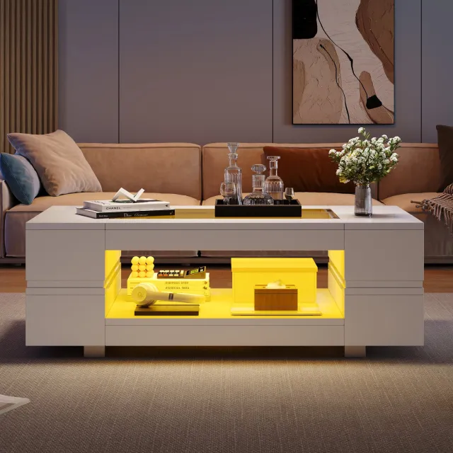 Maisentiel LED-salontafel 100 x 50 x 35 cm met appbediening en glasblad - wit
