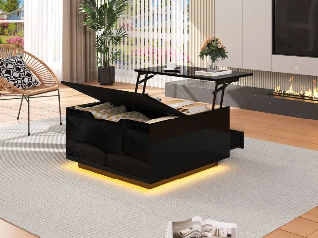 Wishdor Opklapbare hoogglans salontafel 70x70 cm met LED-app-besturing, verborgen opbergruimte, lade en lifttafel Zwart