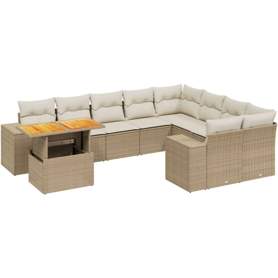 vidaXL 10-delige Loungeset met kussens poly rattan beige, foto 3
