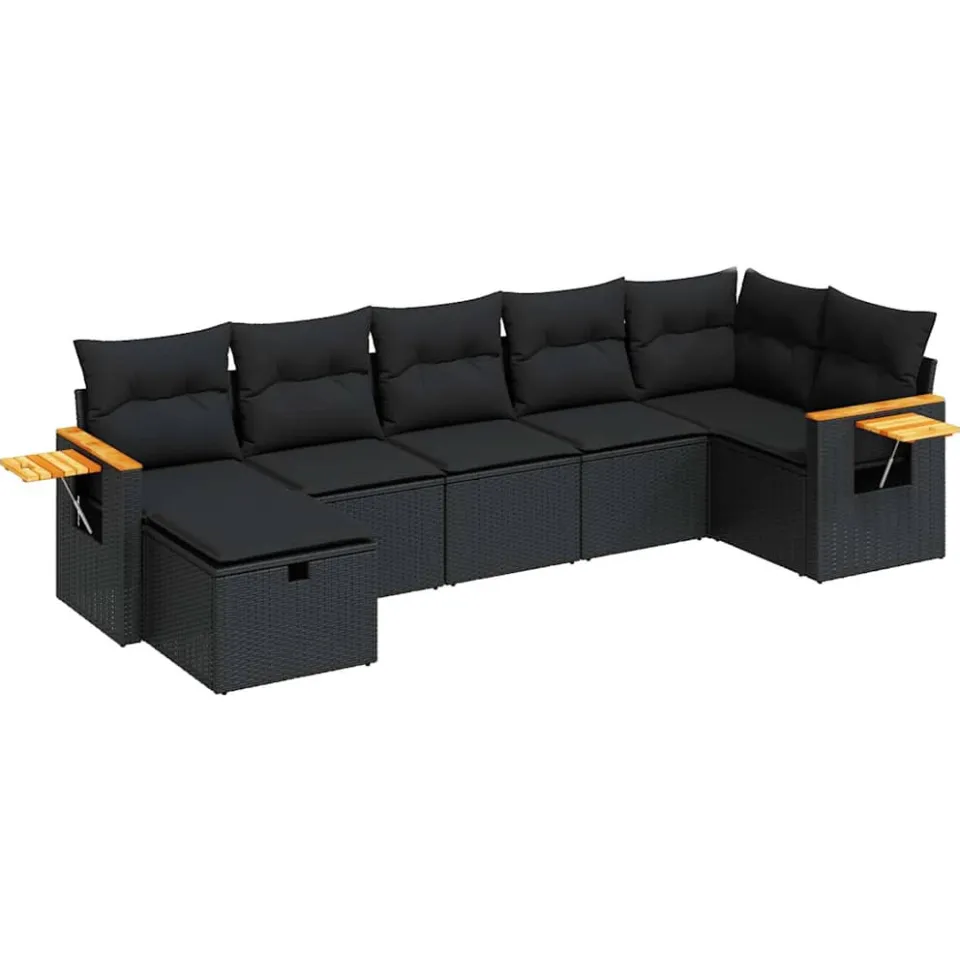 vidaXL 7-delige Loungeset met kussens poly rattan zwart, foto 3