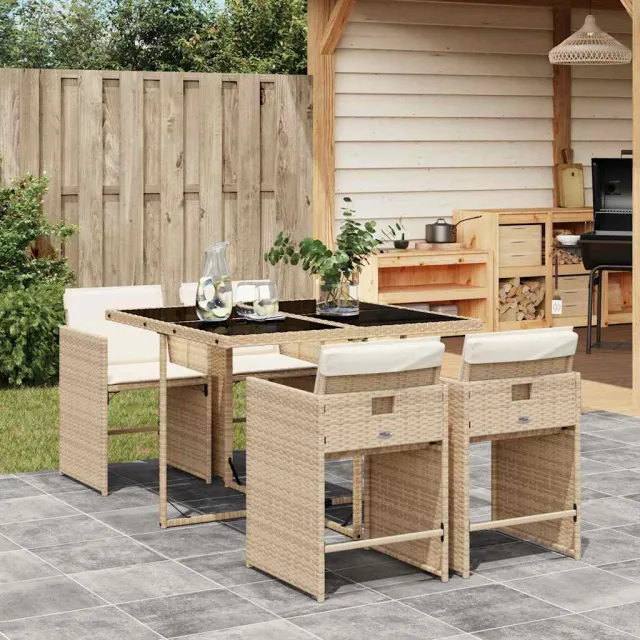vidaXL 5-delige Tuinset met kussens poly rattan beige