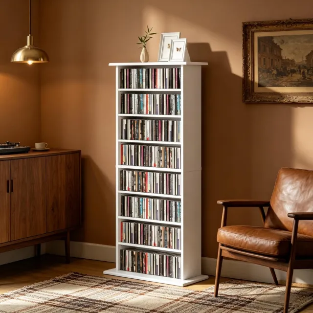 MIVRAY CD en DVD Opbergsysteem – 58 x 24 x 126,3 cm – 6 Verstelbare Planken – Spaanplaat – Wit – Voor 360 Cd Schijven Of 185 Dvd en Blu-rayschijven
