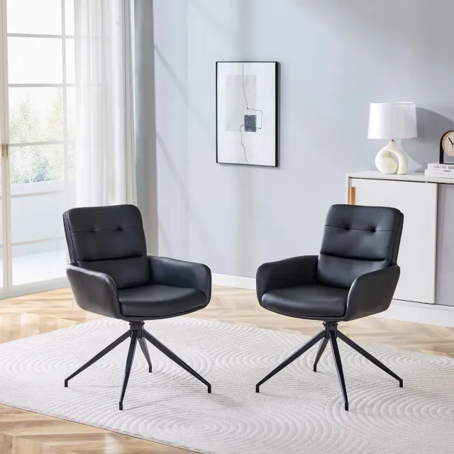 OKWISH Eetkamerstoel – 360 Graden Draaibaar – Set Van 2 – PU Leer – Voor Eetkamer Of Lounge – Luxe Stijl – Zwart