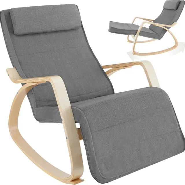 Tectake Schommelstoel met kussen – Relaxstoel, loungestoel & fauteuil voor de woonkamer - Schommelstoel, voedingsstoel voor de babykamer – Comfortabele TV-stoel met voetensteun – Grijs