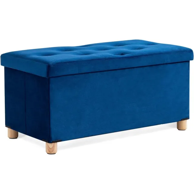 Vellaro Dekenkist - Blauw - 76 x 38 x 38 cm - Fluwelen Opbergbox met Houten Poten - Voor Thuisgebruik