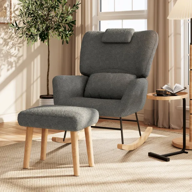 ROSAHQNDA Schommelstoel 77x75x92,5 cm, relaxstoel met voetensteun, fauteuil voor woonkamer en bureau, metalen frame, teddy stof, grijs